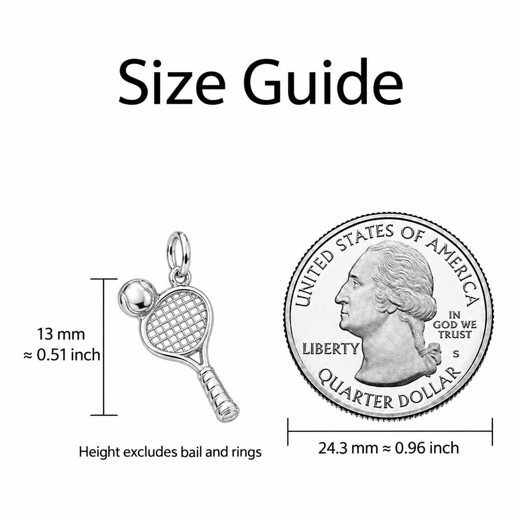 Perfect Match Tennis Charm Bracelet – Personalized Athlete Gift – size guide, 13 mm charm next to a quarter