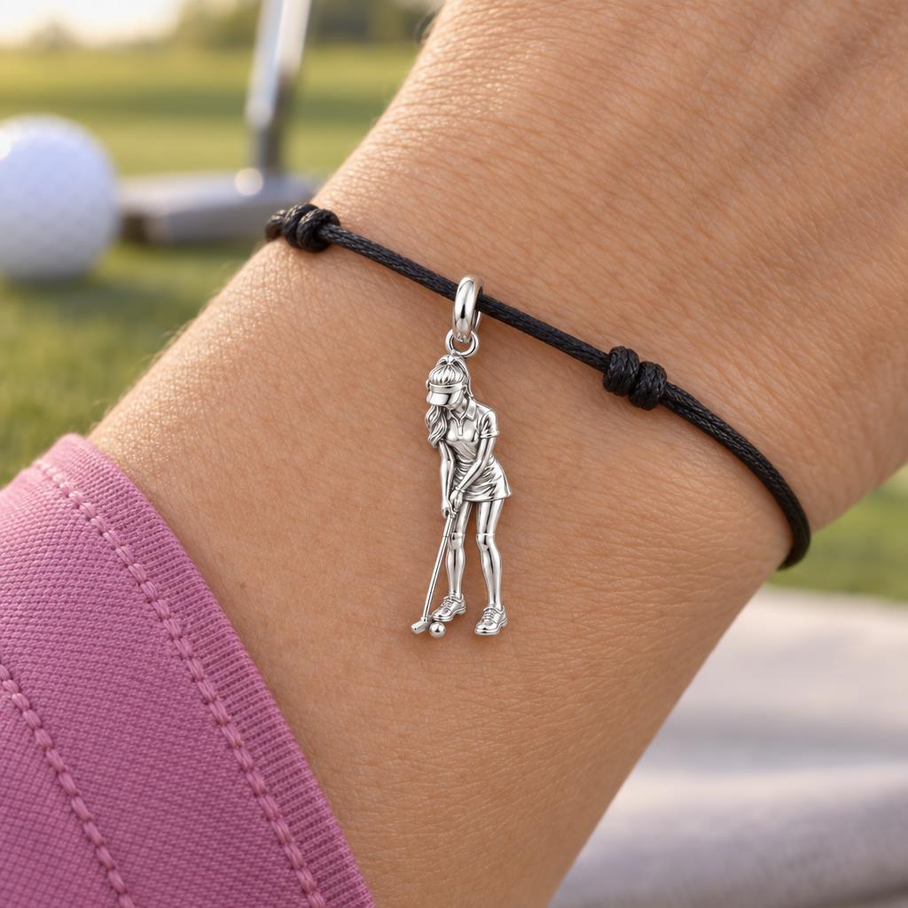 Perfect Putt Golfer Charm Bracelet – Personalized Mom Gift – worn on the wrist on a black cord bracelet