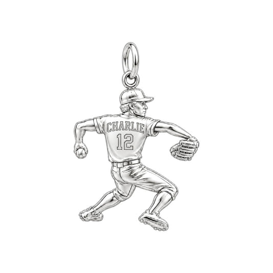 Personalized Baseball Pitcher Charm – silver charm, front view