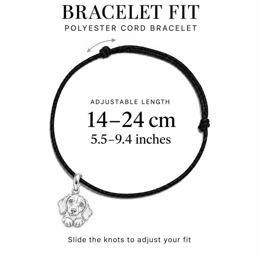Personalized Dachshund Head Tilt Charm – Custom Dog Name Gift for Dog Moms – adjustable black cord bracelet, 14–24 cm