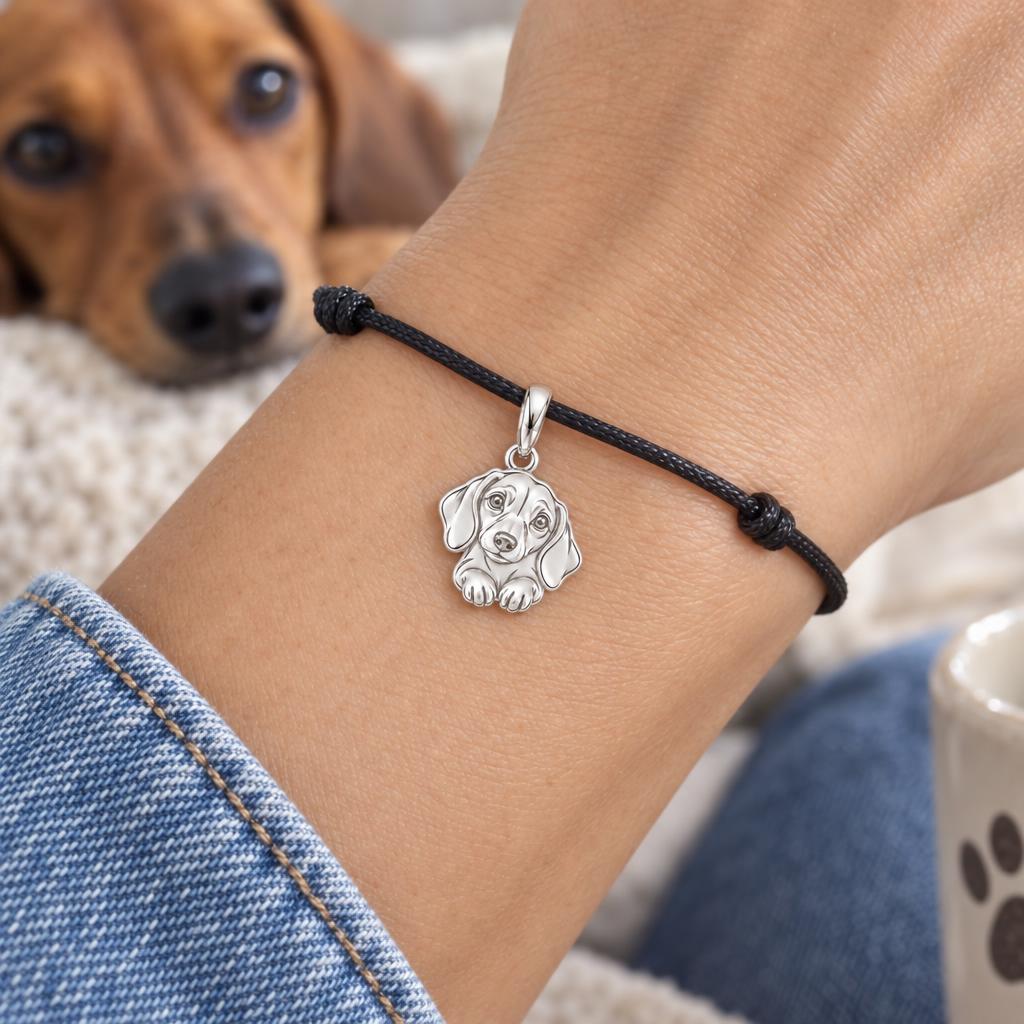 Personalized Dachshund Head Tilt Charm – Custom Dog Name Gift for Dog Moms – worn on the wrist on a black cord bracelet
