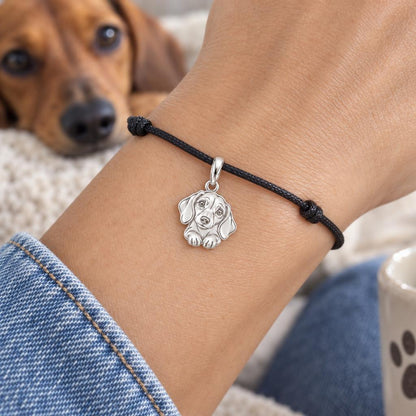 Personalized Dachshund Head Tilt Charm – Custom Dog Name Gift for Dog Moms – worn on the wrist on a black cord bracelet