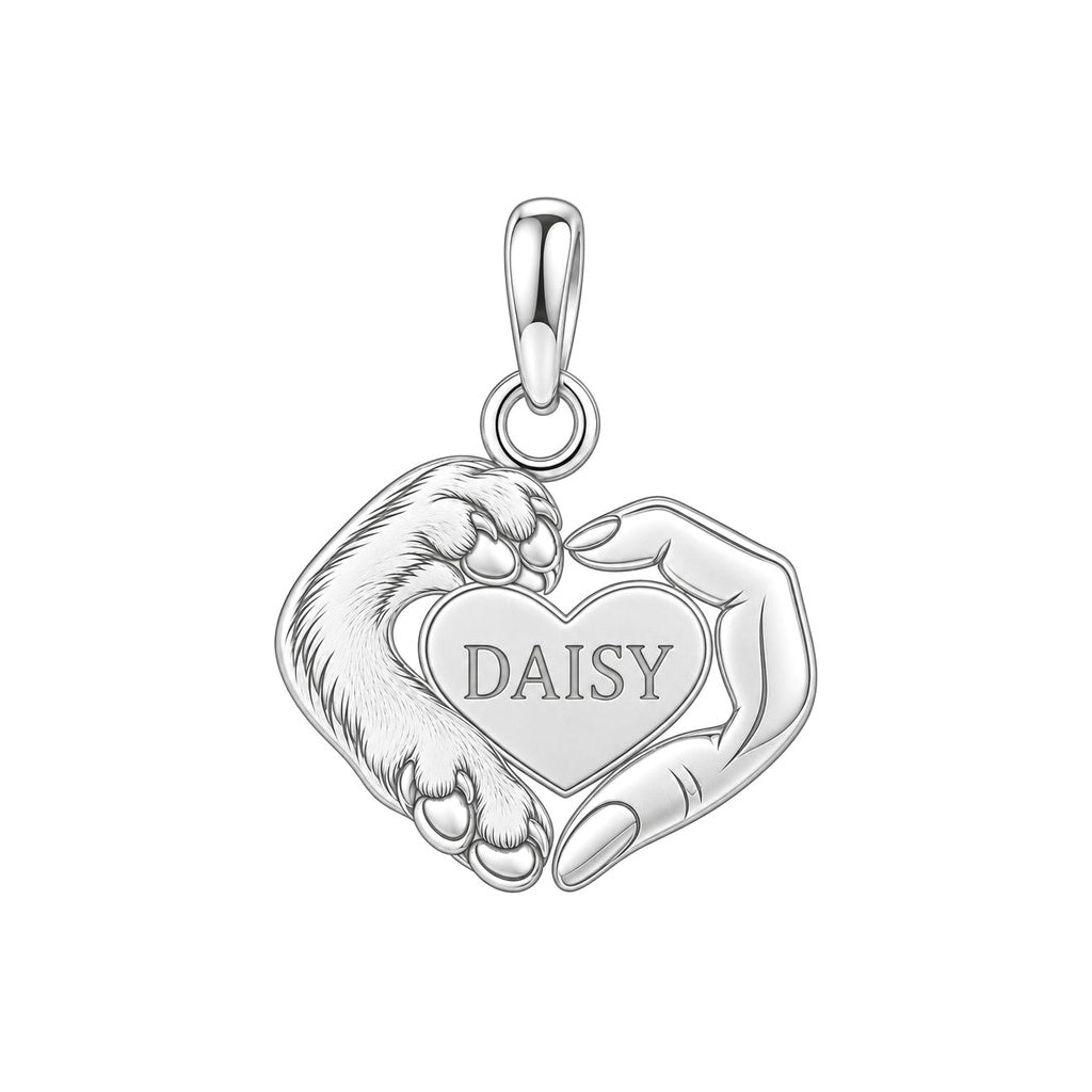 Personalized Dog Mom Paw & Hand Heart Charm – Custom Dog Name Gift – silver charm, front view