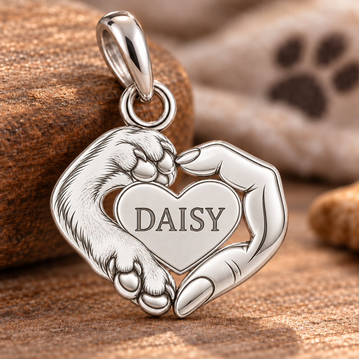Personalized Dog Mom Paw & Hand Heart Charm – Custom Dog Name Gift – 18K gold charm, front view