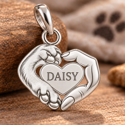 Personalized Dog Mom Paw & Hand Heart Charm – Custom Dog Name Gift – 18K gold charm, front view