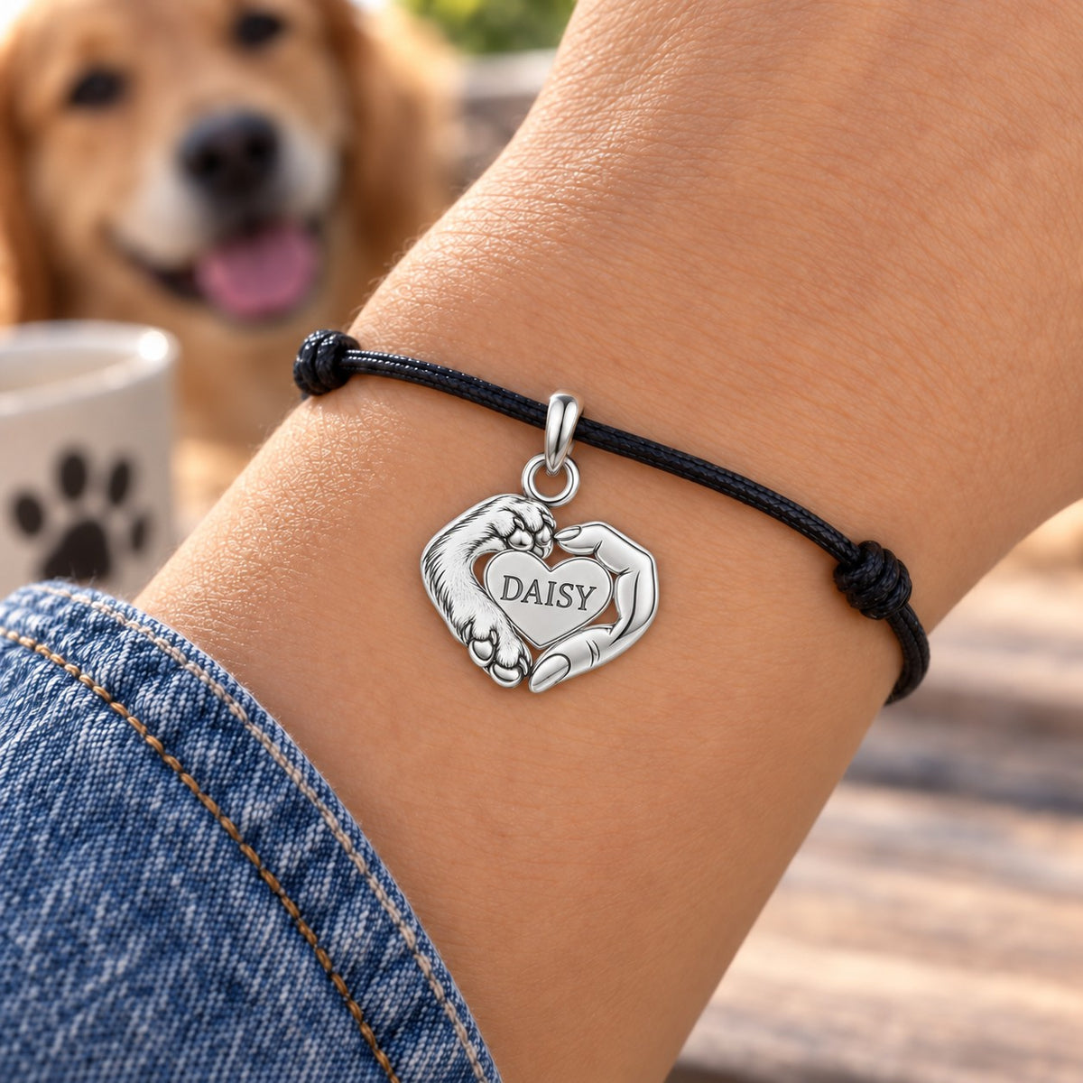 Personalized Dog Mom Paw & Hand Heart Charm – Custom Dog Name Gift – rose gold charm, front view
