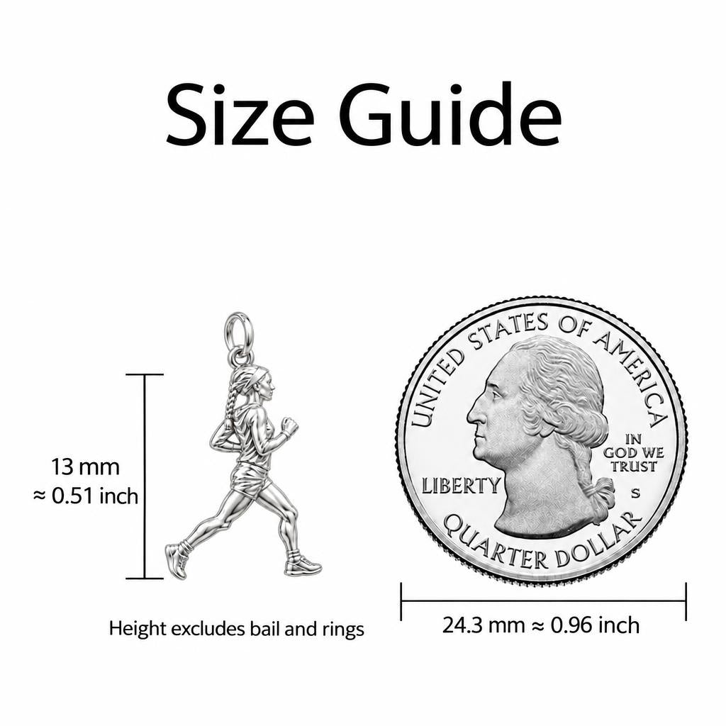 Personalized Marathon Runner Charm Bracelet – Gift for Her – size guide, 13 mm charm next to a quarter