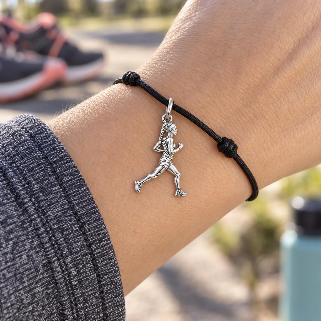 Personalized Marathon Runner Charm Bracelet – Gift for Her – worn on the wrist on a black cord bracelet
