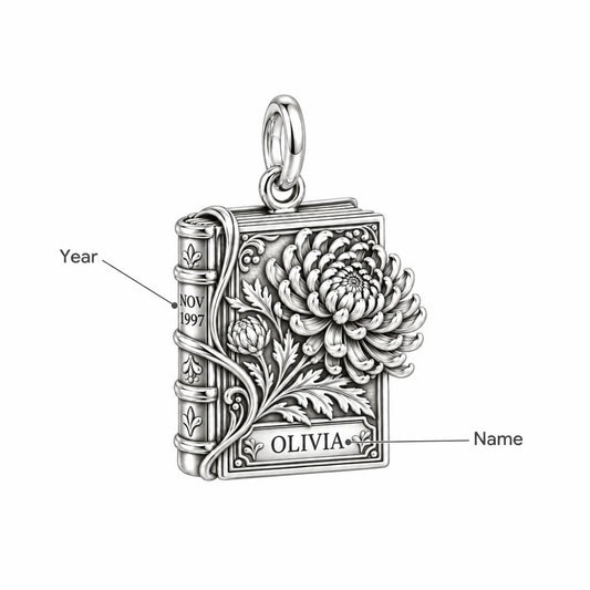 Personalized November Chrysanthemum Birth Flower Book Charm – personalization guide