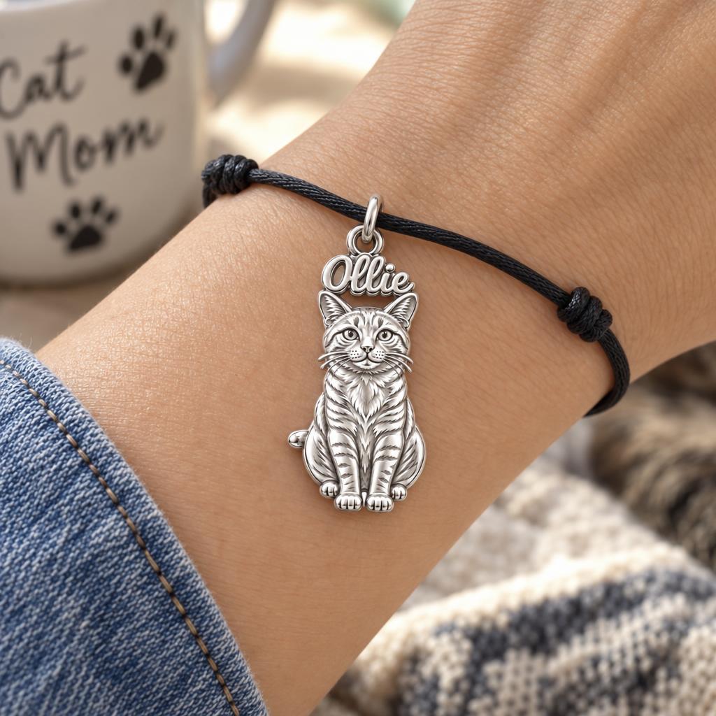 Pet Portrait Halo Charm Bracelet – Personalized Dog Mom Gift – worn on the wrist on a black cord bracelet