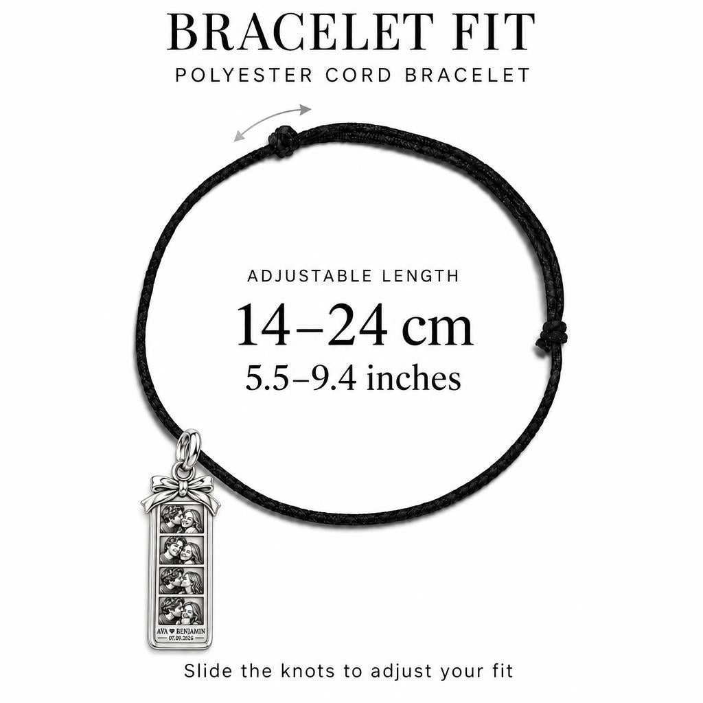 Photo Strip Keepsake Charm Bracelet – Personalized Couple Gift – adjustable black cord bracelet, 14–24 cm