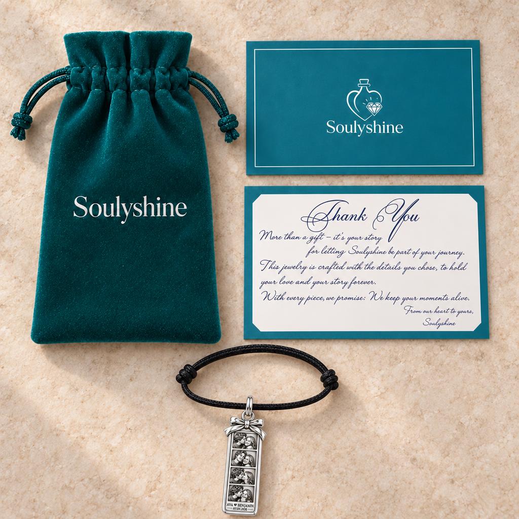 Photo Strip Keepsake Charm Bracelet – Personalized Couple Gift – Soulyshine velvet pouch and gift card