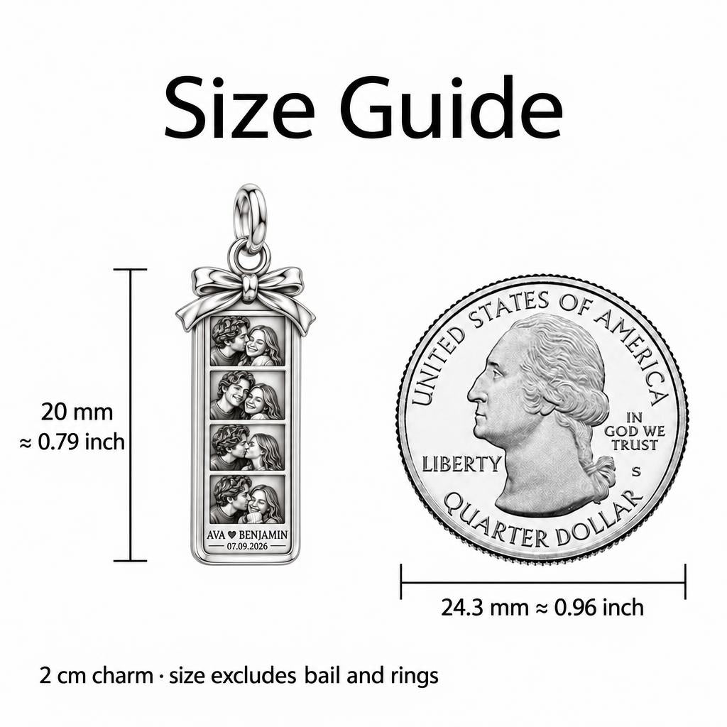 Photo Strip Keepsake Charm Bracelet – Personalized Couple Gift – size guide, 2 cm charm next to a quarter