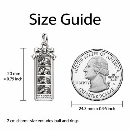 Photo Strip Keepsake Charm Bracelet – Personalized Couple Gift – size guide, 2 cm charm next to a quarter