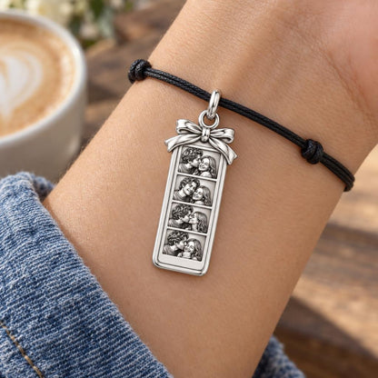 Photo Strip Keepsake Charm Bracelet – Personalized Couple Gift – worn on the wrist on a black cord bracelet