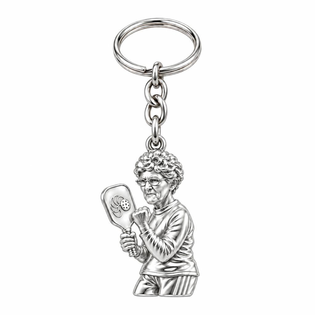 Pickleball Pro Likeness Charm Keychain – silver, front view