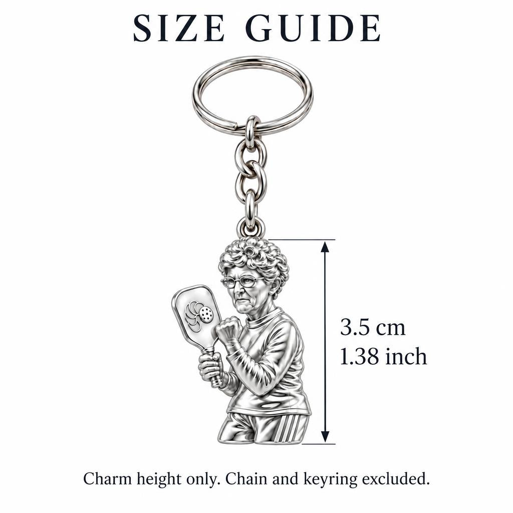 Pickleball Pro Likeness Charm Keychain – size guide, 3.5 cm (1.38 in) charm, chain and keyring excluded