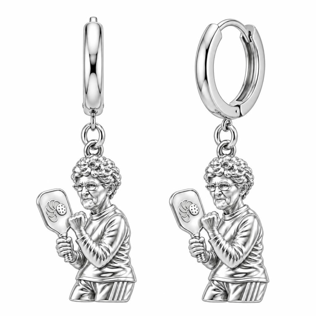 Pickleball Pro Likeness Huggie Charm Earrings – silver, front view