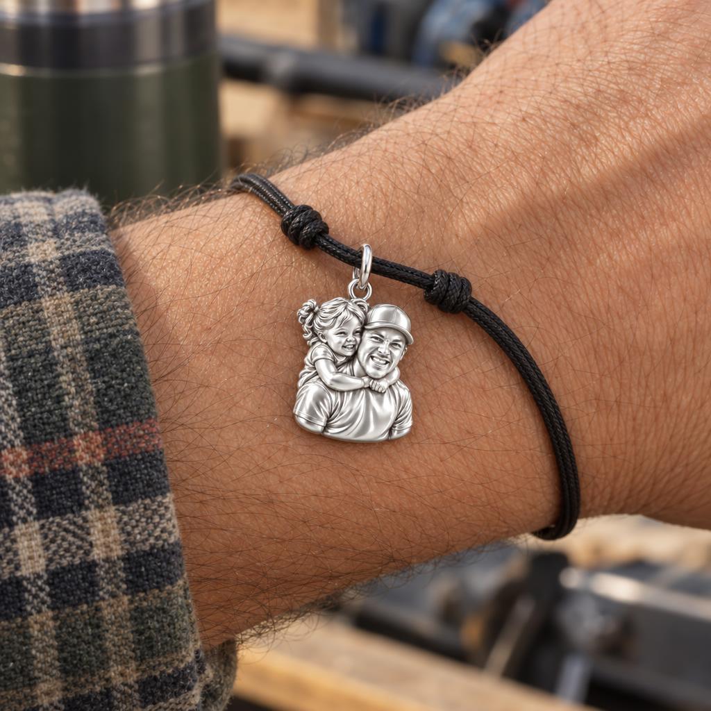 Piggyback Hug Photo Charm Bracelet – Personalized Dad Gift – worn on the wrist on a black cord bracelet