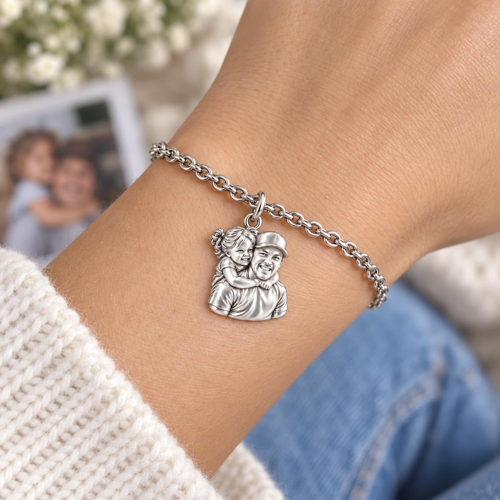 Piggyback Hug Photo Charm Bracelet Set – worn / in use