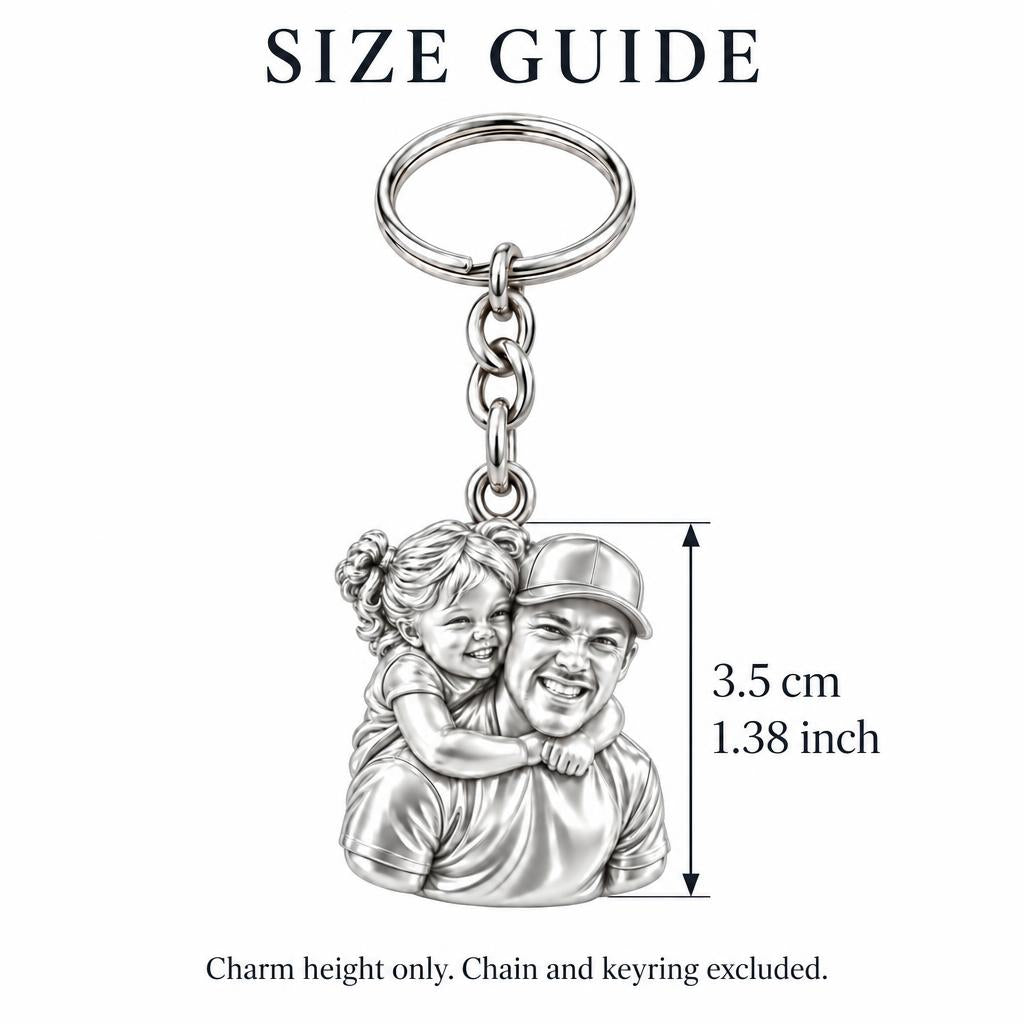 Piggyback Hug Photo Charm Keychain – size guide, 3.5 cm (1.38 in) charm, chain and keyring excluded