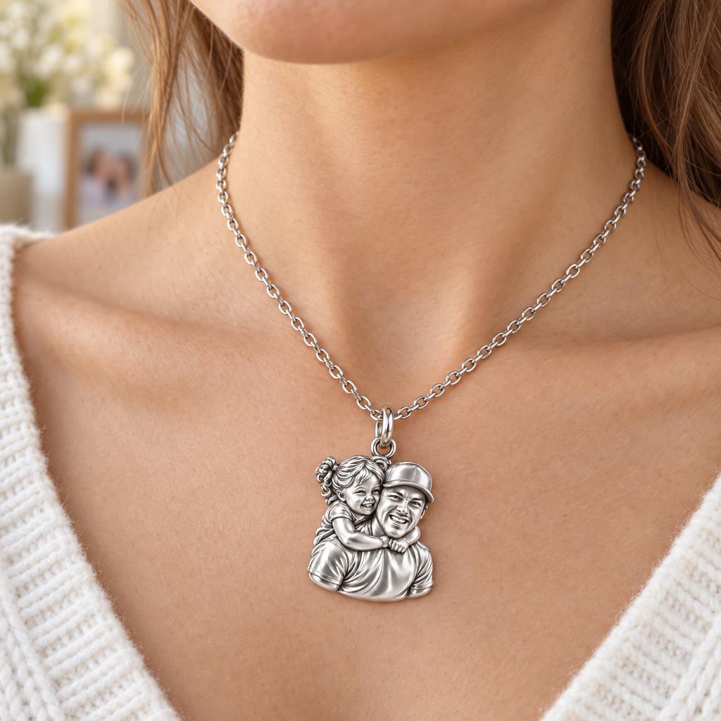 Piggyback Hug Photo Charm Necklace Set – worn / in use