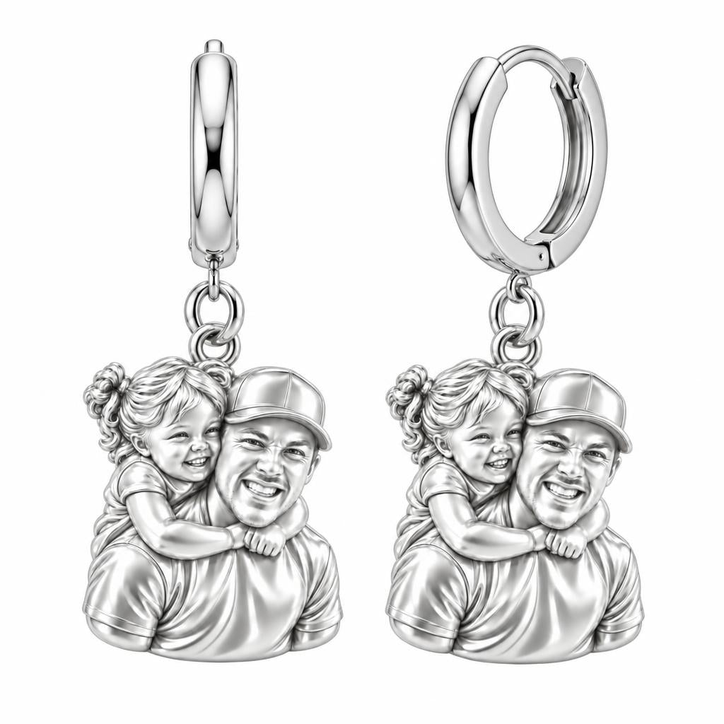 Piggyback Hug Photo Huggie Charm Earrings – silver, front view