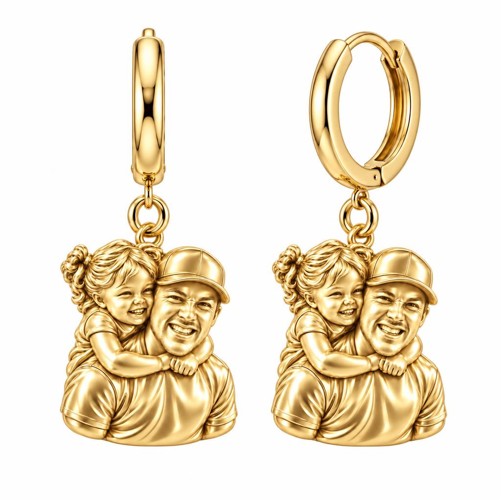 Piggyback Hug Photo Huggie Charm Earrings – 18K gold, front view