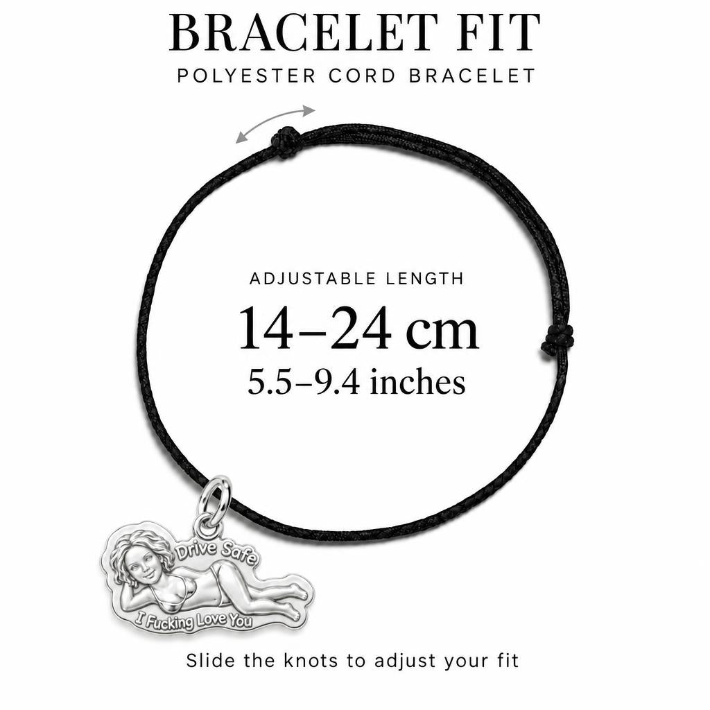 Pin-Up Drive Safe Charm Bracelet – Personalized Couple Gift – adjustable black cord bracelet, 14–24 cm