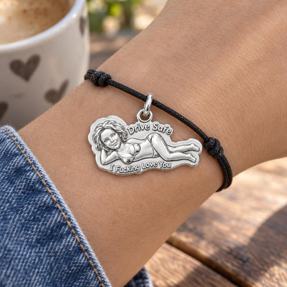 Pin-Up Drive Safe Charm Bracelet – Personalized Couple Gift – worn on the wrist on a black cord bracelet