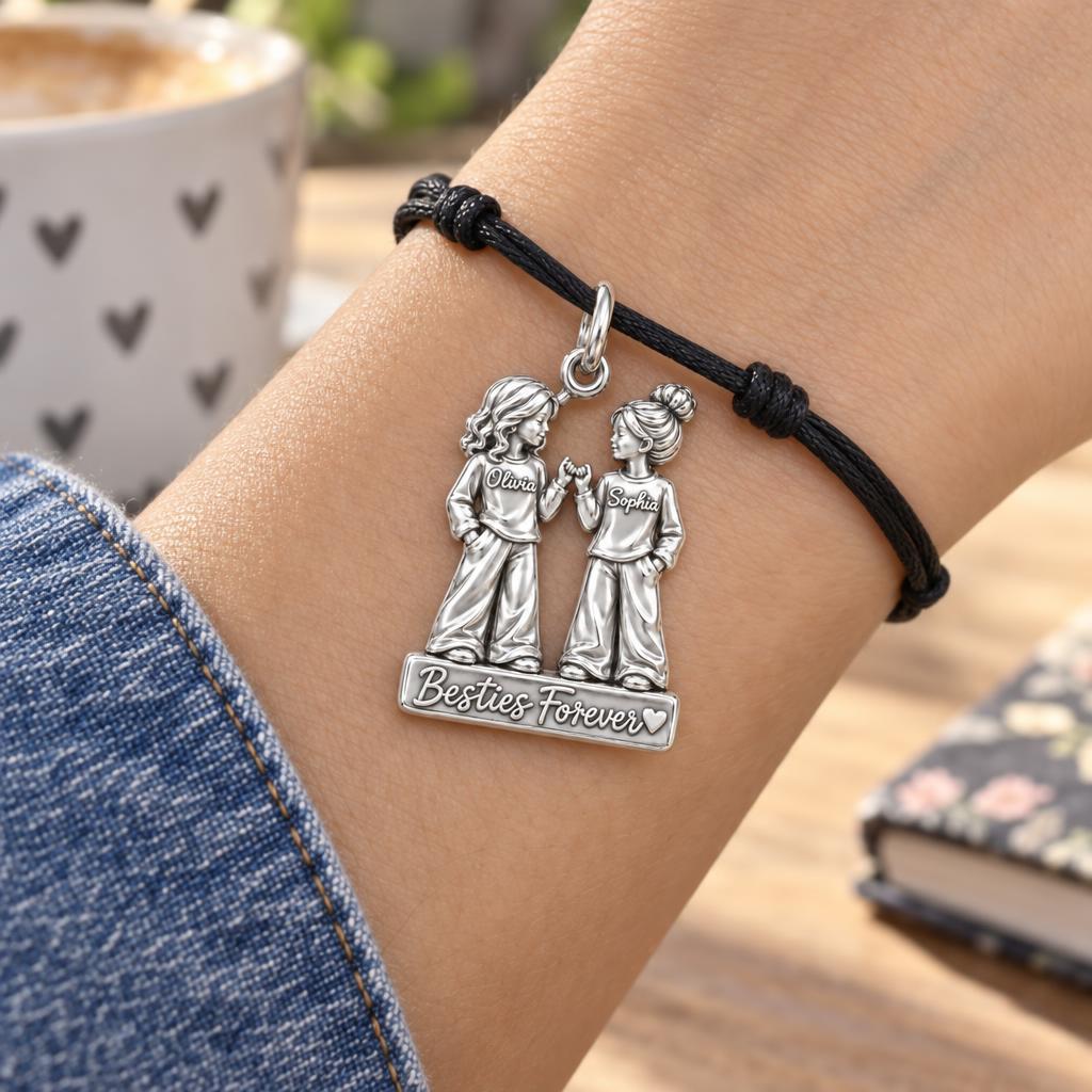 Pinky Promise Besties Charm Bracelet – Personalized Bestie Gift – worn on the wrist on a black cord bracelet