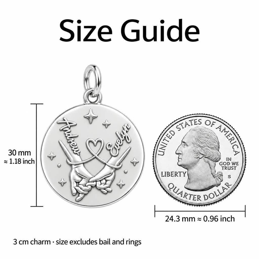 Pinky Swear Promise Charm Bracelet – Personalized Couple Gift – size guide, 3 cm charm next to a quarter