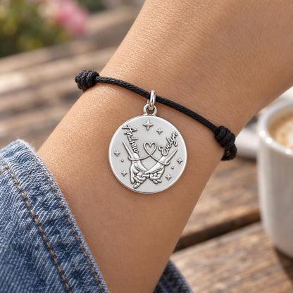 Pinky Swear Promise Charm Bracelet – Personalized Couple Gift – worn on the wrist on a black cord bracelet