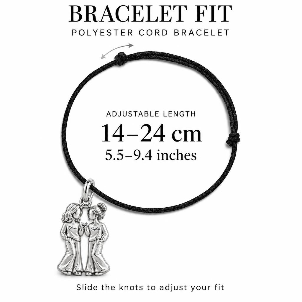 Pinky Swear Soul Sisters Charm Bracelet – Personalized Bestie Gift – adjustable black cord bracelet, 14–24 cm