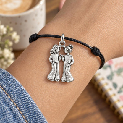Pinky Swear Soul Sisters Charm Bracelet – Personalized Bestie Gift – worn on the wrist on a black cord bracelet
