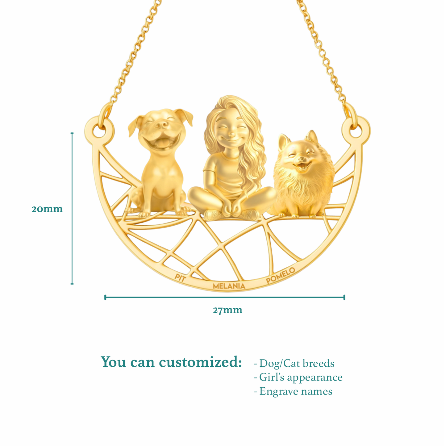 Soulyshine Personalized Girl And Her Pets Necklace - Pit Bull/Pomeranian