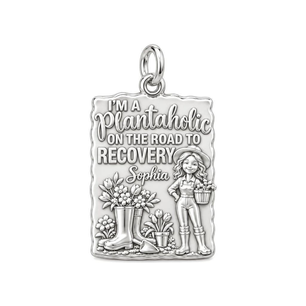 Plantaholic Recovery Charm Bracelet – Personalized Gardener Gift – silver plated 3 cm charm, front view
