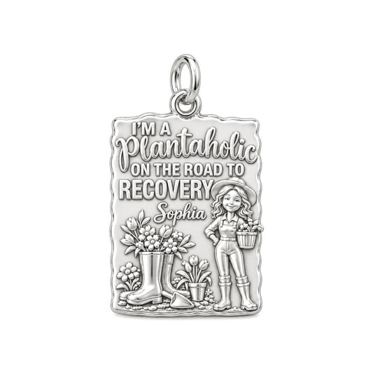 Plantaholic Recovery Charm Bracelet – Personalized Gardener Gift – silver plated 3 cm charm, front view