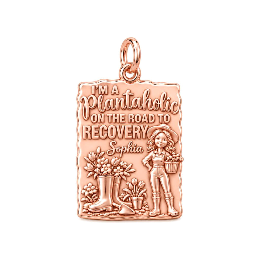 Plantaholic Recovery Charm Bracelet – Personalized Gardener Gift – rose gold 3 cm charm, front view