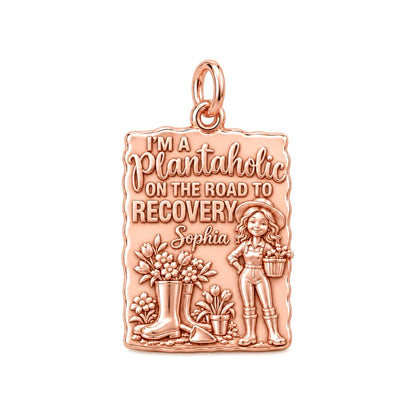Plantaholic Recovery Charm Bracelet – Personalized Gardener Gift – rose gold 3 cm charm, front view