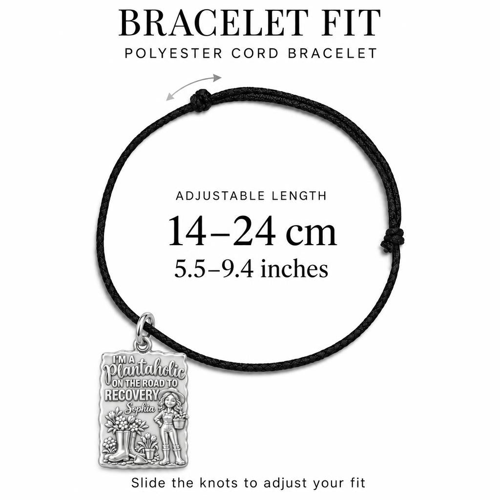 Plantaholic Recovery Charm Bracelet – Personalized Gardener Gift – adjustable black cord bracelet, 14–24 cm