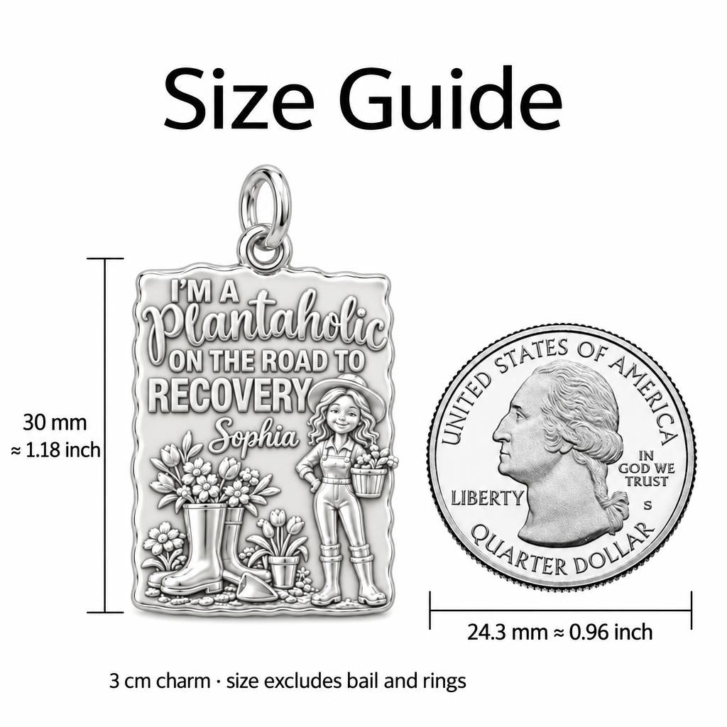 Plantaholic Recovery Charm Bracelet – Personalized Gardener Gift – size guide, 3 cm charm next to a quarter