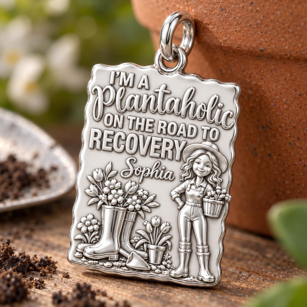 Plantaholic Recovery Charm Bracelet – Personalized Gardener Gift – macro detail of the charm