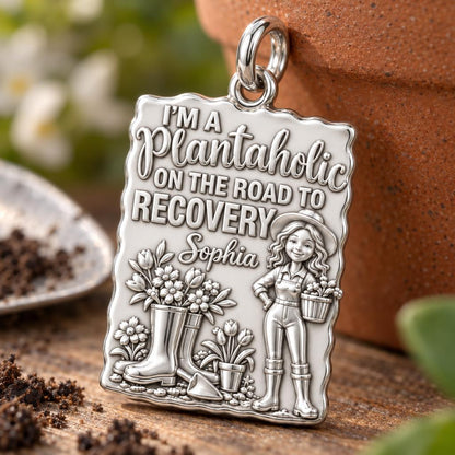 Plantaholic Recovery Charm Bracelet – Personalized Gardener Gift – macro detail of the charm