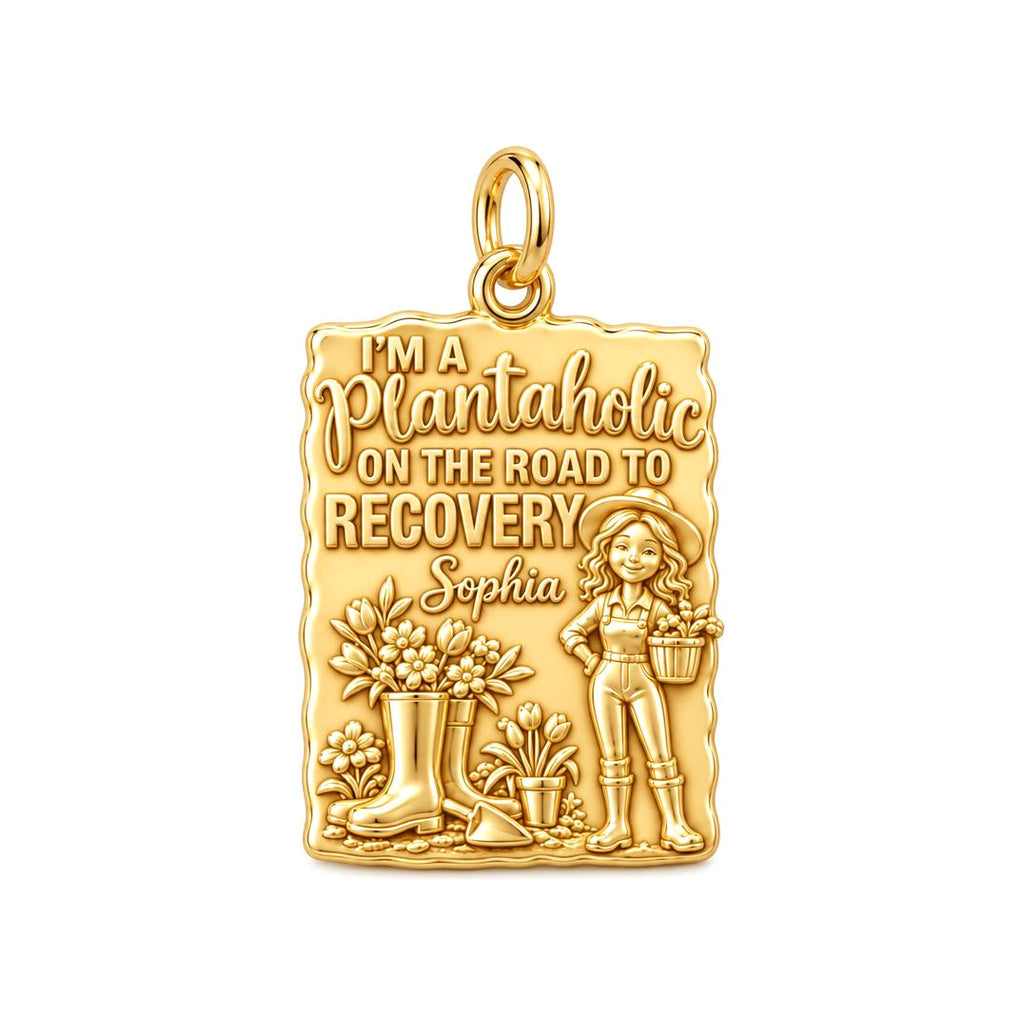 Plantaholic Recovery Charm Bracelet – Personalized Gardener Gift – 18K gold plated 3 cm charm, front view
