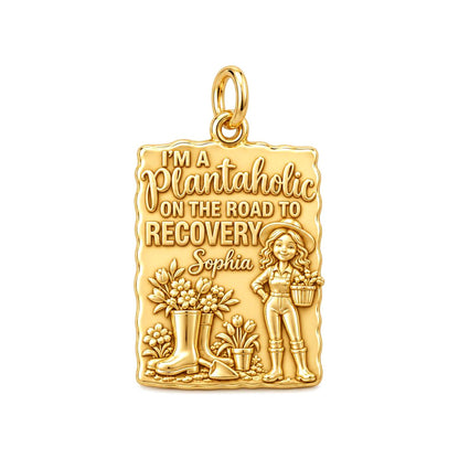 Plantaholic Recovery Charm Bracelet – Personalized Gardener Gift – 18K gold plated 3 cm charm, front view