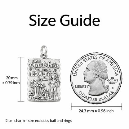 Plantaholic Recovery Charm Necklace Set – size guide, 13 mm charm next to a quarter