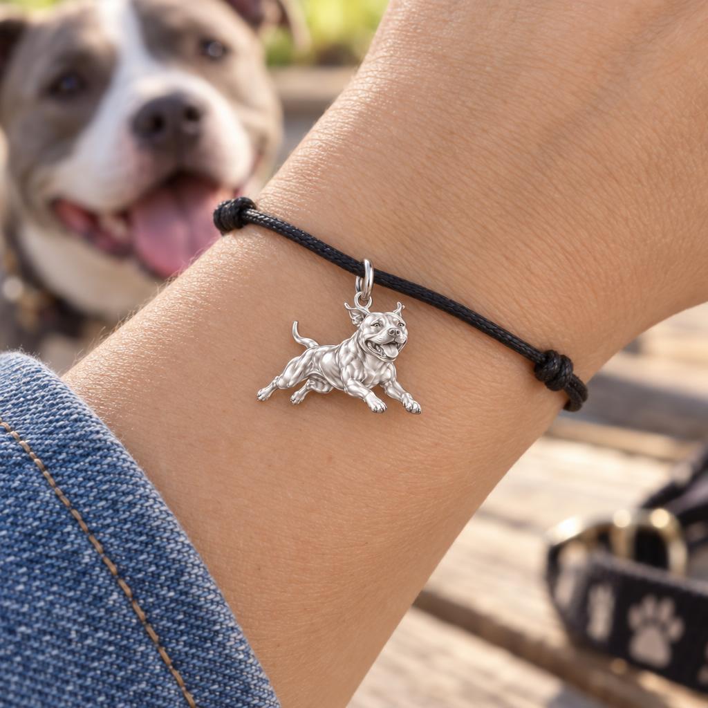 Playful Amstaff Spirit Charm Bracelet – Personalized Dog Mom Gift – worn on the wrist on a black cord bracelet