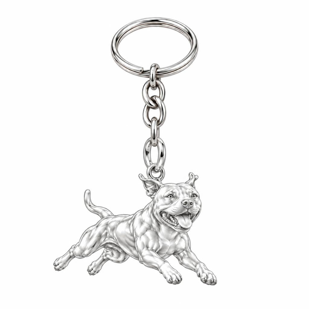 Playful Amstaff Spirit Charm Keychain – silver, front view