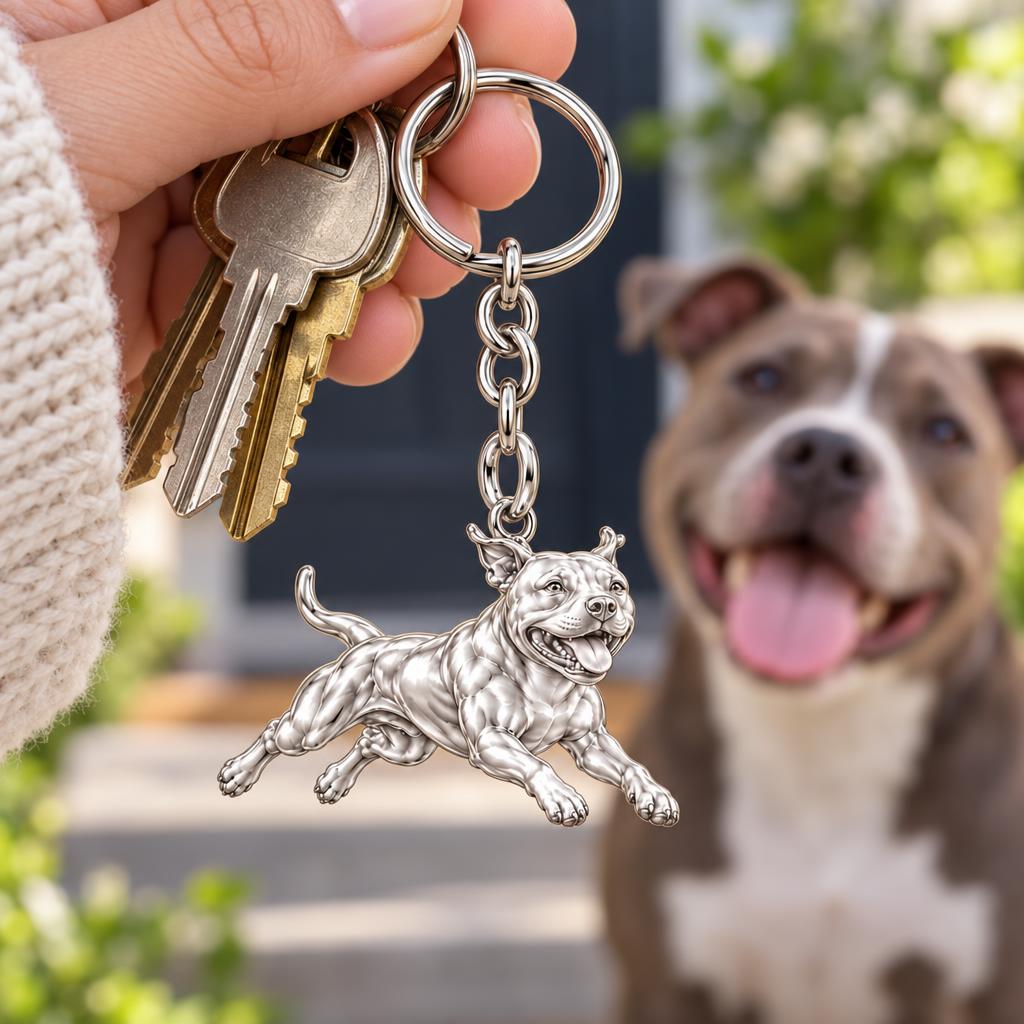 Playful Amstaff Spirit Charm Keychain – worn / in use